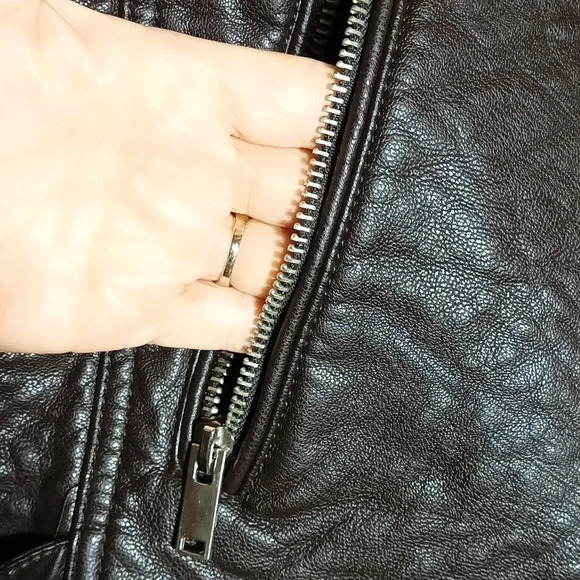 Mango Brown faux leather bomber biker  jacket coat zipper pockets buckles small - Picture 6 of 12